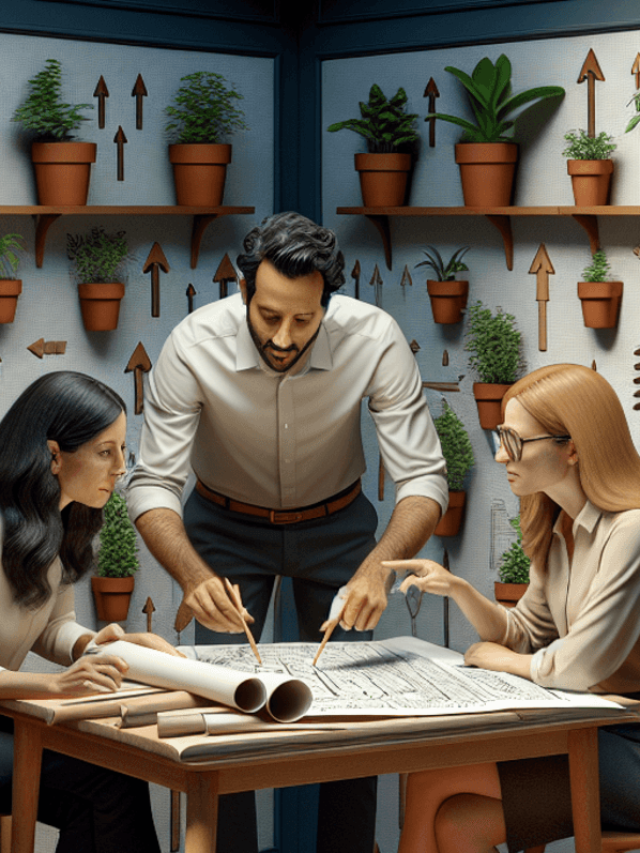 growth mideset A Caucasian woman, a Hispanic man, and an Asian woman are engaged in a collaborative brainstorming session, surrounded by blueprints and sketches. They are animatedly discussing ideas, pointing at details on the papers. The room is filled with thriving potted plants on windowsills and shelves, and upward-pointing arrows are subtly integrated into the wallpaper and furniture design, reflecting a growth mindset atmosphere.