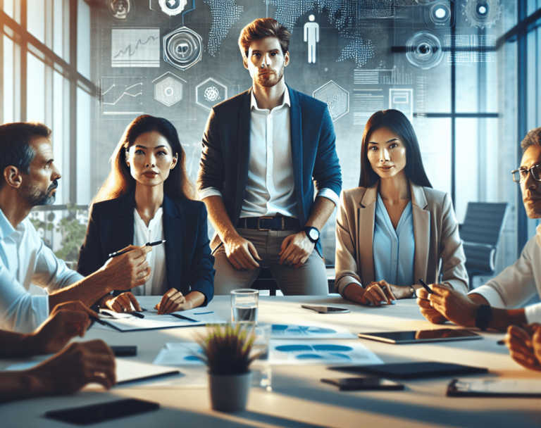 A diverse group of three leaders in a modern office setting, featuring a confident Caucasian woman, an Asian man, and a Hispanic woman, engaged in an animated discussion. They are surrounded by whiteboards filled with colorful graphics and innovative technology, symbolizing progress and collaboration. The leaders display open body language, suggesting active participation and confidence as they contribute to the conversation. The background showcases a contemporary workspace designed for teamwork and creativity, with no visible text.