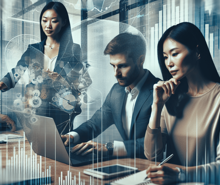 A modern office landscape featuring a diverse group of professionals. An Asian woman and a Hispanic man are focused on analyzing consumer data on a sleek laptop, while a Caucasian woman takes notes on a notepad with a thoughtful expression. The background includes symbolic representations of charts and graphs, emphasizing data-driven decision-making, all set in an environment that conveys teamwork and the integration of psychology and business practices.