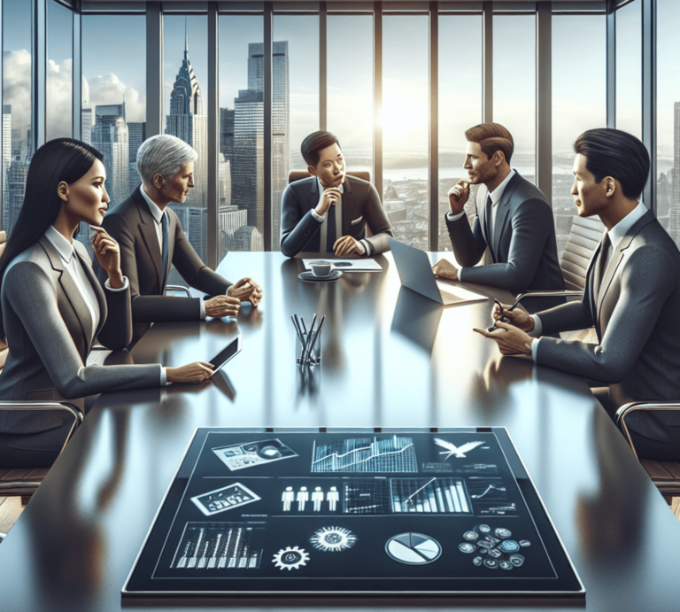 Best Business IdeasA group of three business professionals engaged in a discussion around a modern conference table, featuring a Caucasian woman, an Asian man, and a Hispanic individual. They are surrounded by digital devices including laptops and tablets. In the background, a large window showcases a vibrant city skyline, symbolizing prosperity and opportunity for 2024. The table is adorned with various objects like charts, graphs, and visual aids representing their strategic conversation, while the atmosphere conveys collaboration and innovation without any visible text.