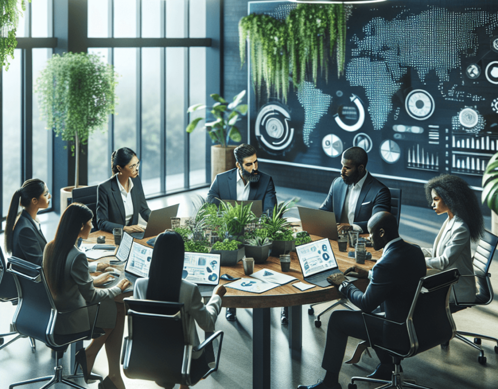 Best Business Ideas : A diverse group of business professionals, including a South Asian woman and a Black man, engaged in a brainstorming session around a round table filled with laptops, graphs, and sustainability reports in a modern office setting. The contemporary decor and various plants create an atmosphere of growth and innovation.